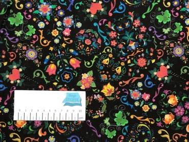 Baumwoll-Stoff Blumen Schwarz Bunt Nr 3749
