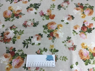 Preview: Schwere Baumwolle Stoff Rosen Beige Bunt Nr 2716