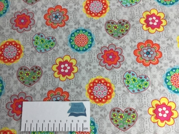 Baumwoll-Stoff Blumen Grau Bunt Nr 168