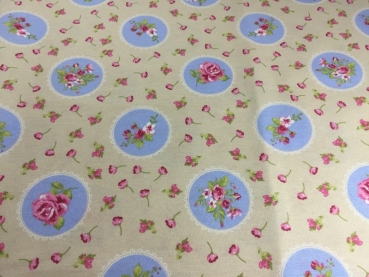 Preview: Schwere Baumwolle Stoff Rosen Beige Bunt Nr 2544