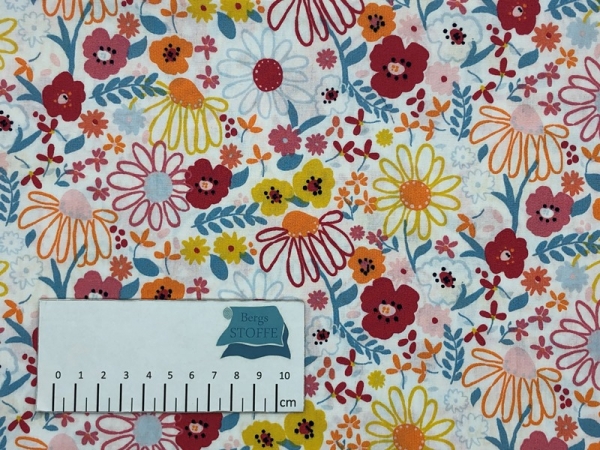 Baumwoll-Stoff Blumen Weiß Bunt Nr 3558