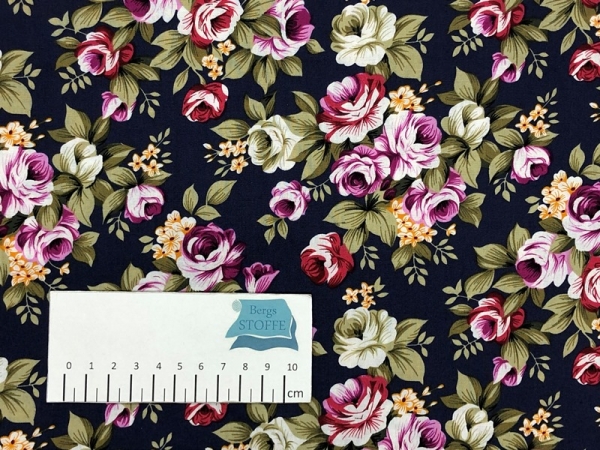 Baumwoll-Stoff Blumen Marine Bunt Nr 3625