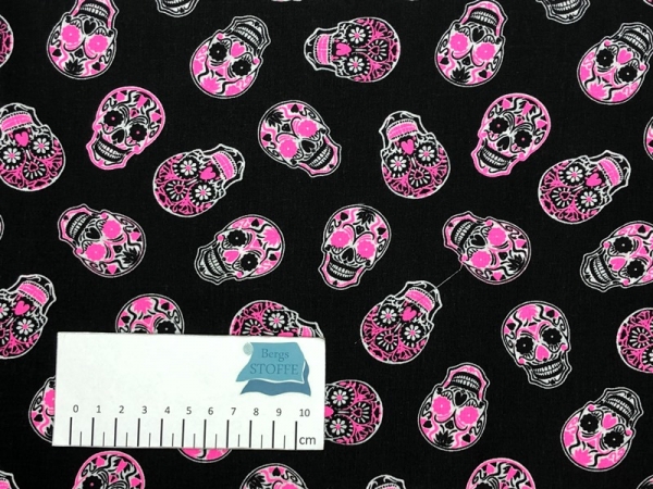 Baumwoll-Stoff Totenkopf Neonpink Bunt Nr 3718