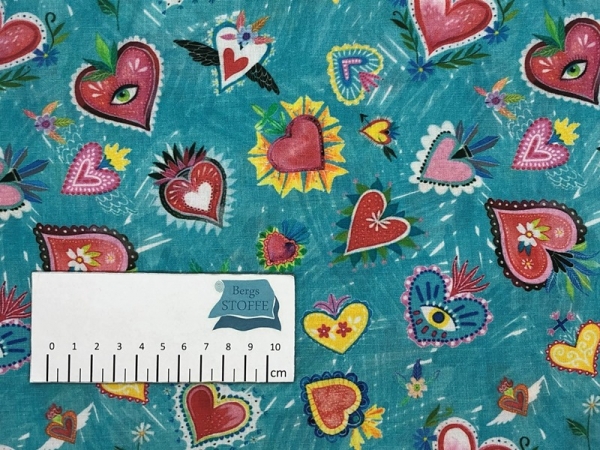 Baumwoll-Stoff Herz Türkis Bunt Nr 3751