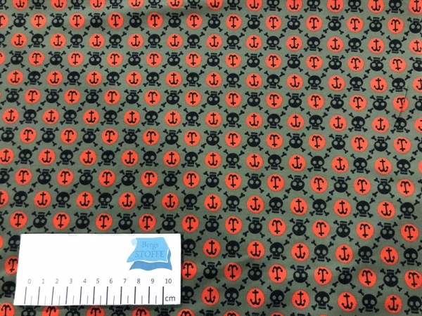 Jersey Baumwoll-Stoff Anker & Totenkopf Oliv Bunt Nr 3920