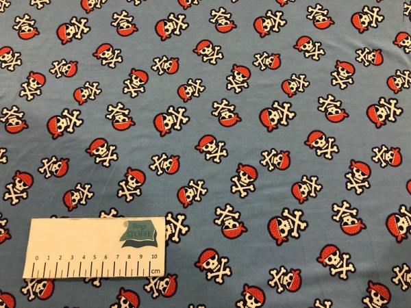 Jersey Baumwoll-Stoff Totenkopf Hellblau Bunt Nr 3923