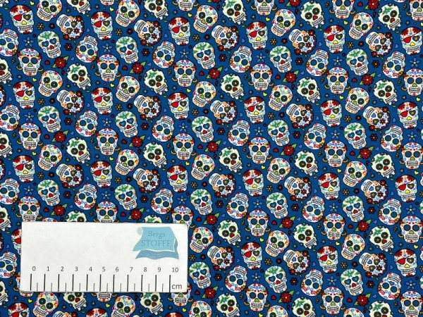 Baumwoll-Stoff Totenköpfe Blau Bunt Nr 4078