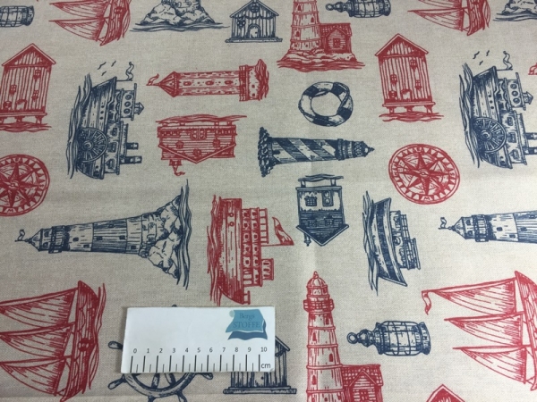 Schwere Baumwolle Stoff Maritim Beige Bunt Nr 2721