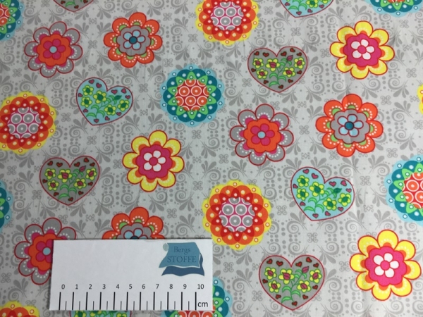Baumwoll-Stoff Blumen Grau Bunt Nr 168