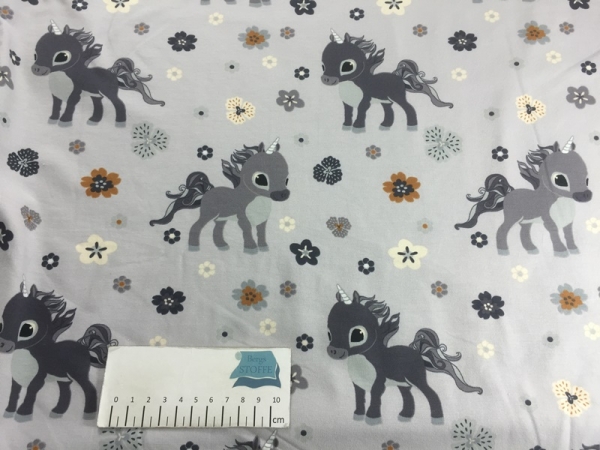 Jersey Baumwoll-Stoff Einhorn Grau Bunt Nr 2493